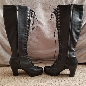 Kenneth Cole "Land Mind" vintage black leather knee-high laceup heeled boots 9